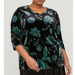 Catherines Floral Velour Top Womens Size 1X Black Green Stretch Velvet Luxe